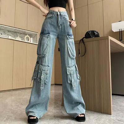 Wide-Leg High-Rise Multi-Pocket Jeans — LX-JN-015
