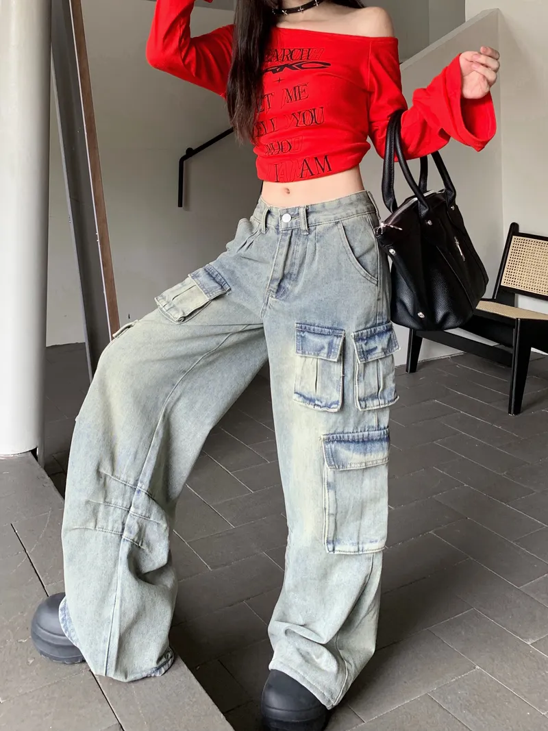 Calça Cargo pernas largas de cintura baixa com múltiplos bolsos Feminina — Detalhes do produto 10