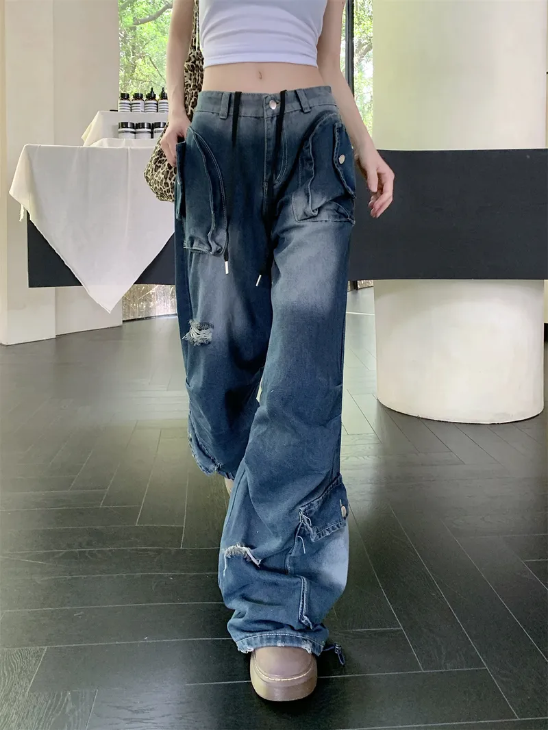 Pantalón Cargo de pierna ancha, multibolsillo para mujer — Detalles del producto 2
