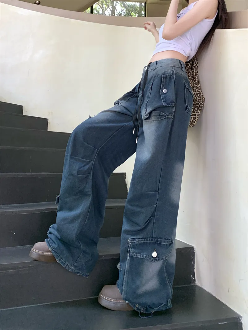 Pantalón Cargo de pierna ancha, multibolsillo para mujer — Detalles del producto 4