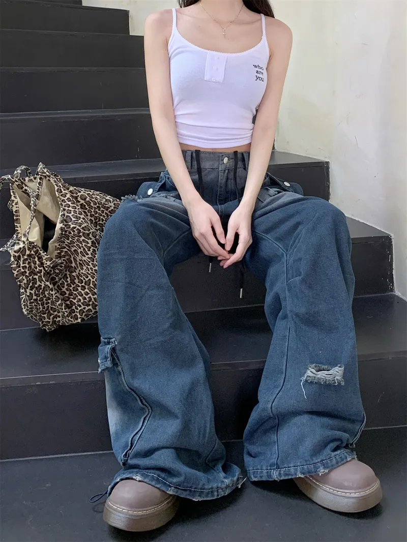 Pantalón Cargo de pierna ancha, multibolsillo para mujer — Detalles del producto 5