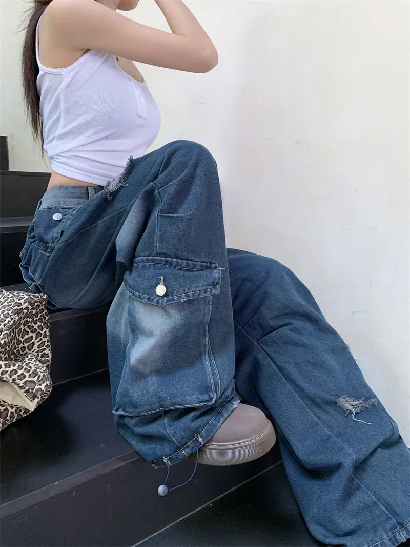 Pantalón Cargo de pierna ancha, multibolsillo para mujer — Detalles del producto 6