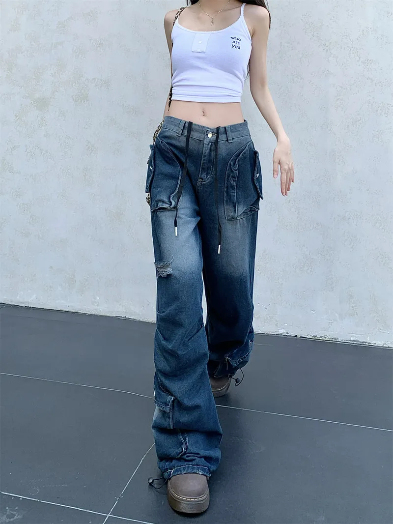 Pantalón Cargo de pierna ancha, multibolsillo para mujer — Detalles del producto 8