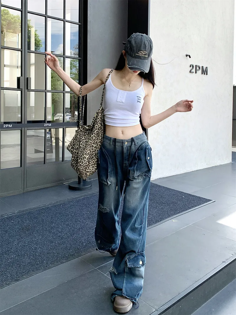 Pantalón Cargo de pierna ancha, multibolsillo para mujer — Detalles del producto 12