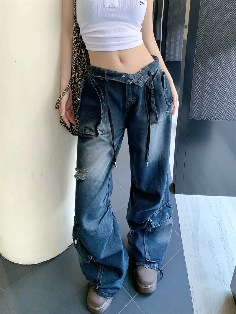 Pantalón Cargo de pierna ancha, multibolsillo para mujer — Detalles del producto 13