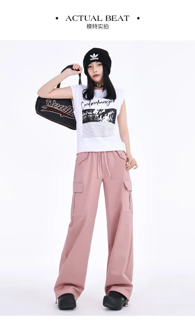 Pantalón Cargo de pierna ancha, de tiro alto, multibolsillo para mujer — Detalles del producto 10