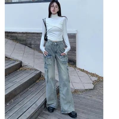 Wide-Leg Low-Rise Washed Cargo Pants — LX-CG-019