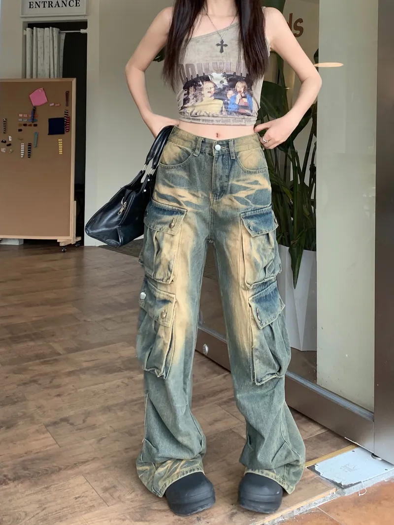 Jeans de pierna ancha, de tiro alto, multibolsillo para mujer — Detalles del producto 3