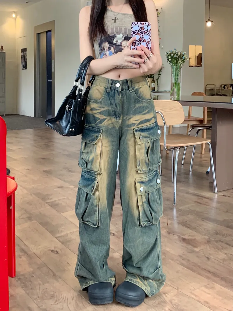 Jeans de pierna ancha, de tiro alto, multibolsillo para mujer — Detalles del producto 4
