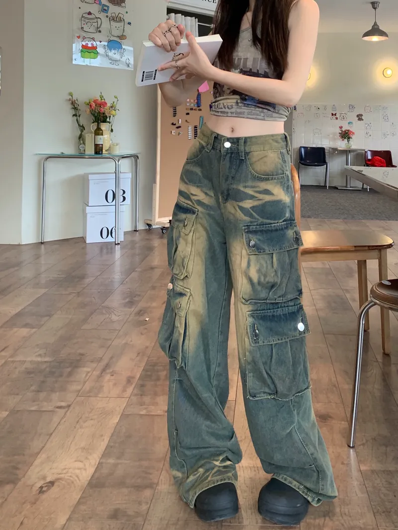 Jeans de pierna ancha, de tiro alto, multibolsillo para mujer — Detalles del producto 7