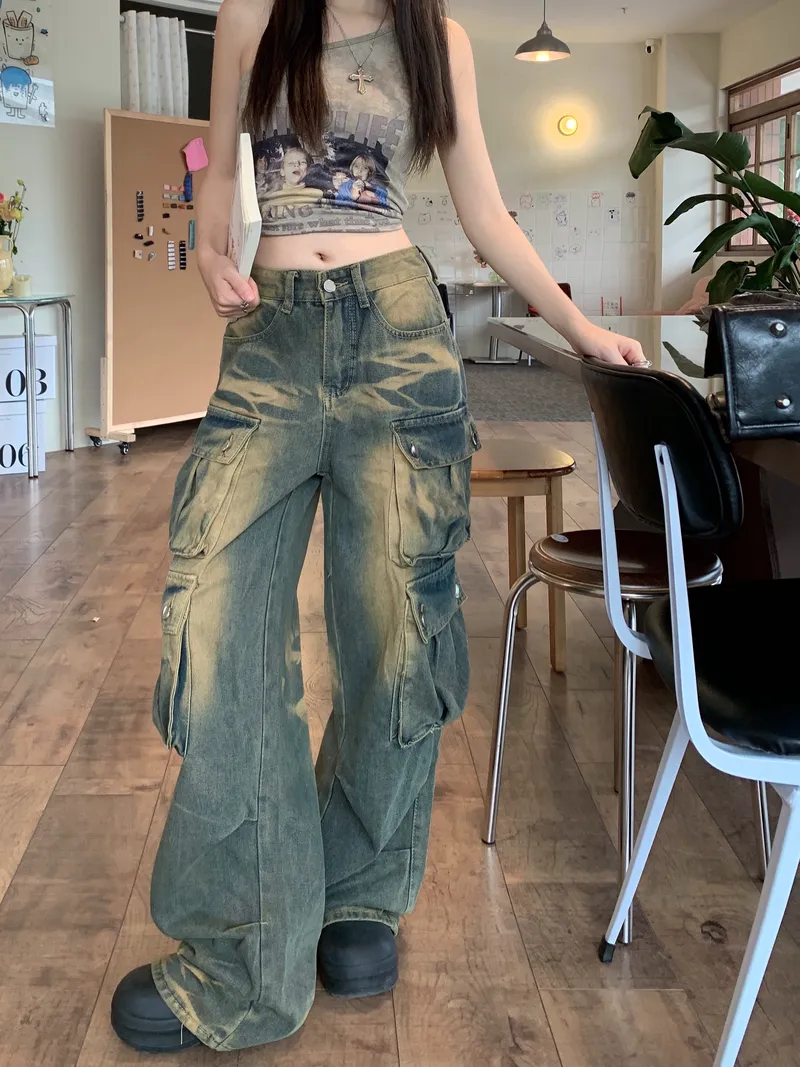 Jeans de pierna ancha, de tiro alto, multibolsillo para mujer — Detalles del producto 8