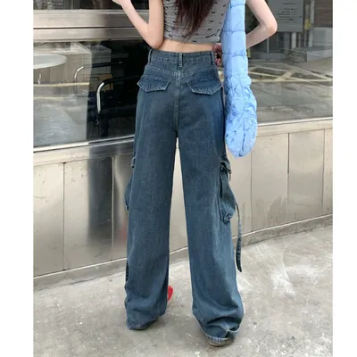 Calça Jeans pernas largas de cintura alta com múltiplos bolsos Feminina — view 3