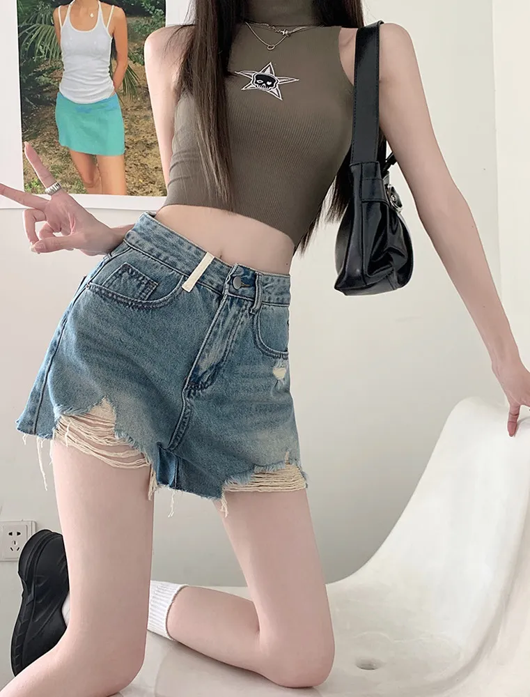 Calça Jeans pernas largas de cintura alta com rasgos Feminina — Detalhes do produto 1