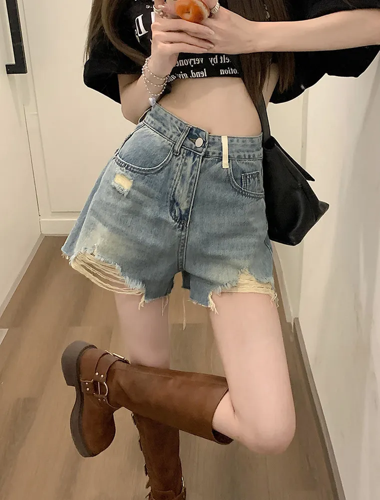 Calça Jeans pernas largas de cintura alta com rasgos Feminina — Detalhes do produto 4