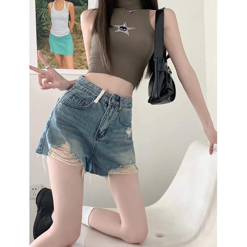 Calça Jeans pernas largas de cintura alta com rasgos Feminina — view 1