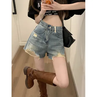 Calça Jeans pernas largas de cintura alta com rasgos Feminina — view 4