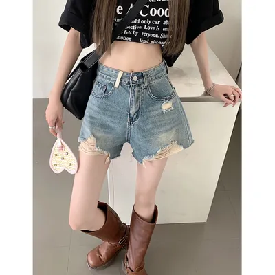 Calça Jeans pernas largas de cintura alta com rasgos Feminina — view 5