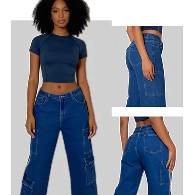 Jeans de tiro alto, multibolsillo para mujer — view 3
