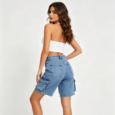 Shorts Jeans pernas largas com lavagem vintage Feminino — view 4