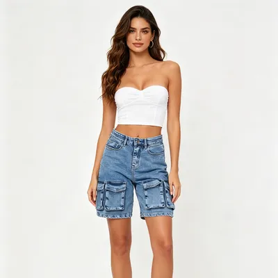 Shorts Jeans pernas largas com lavagem vintage Feminino — view 5