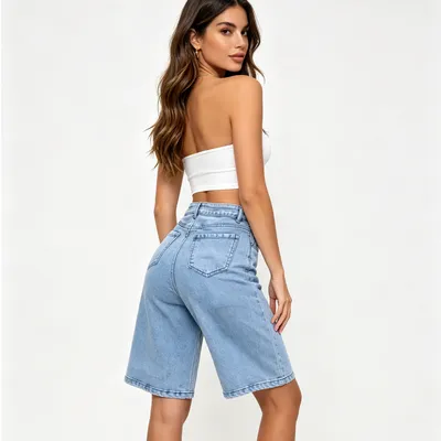 Unisex Wide-Leg Vintage Wash Denim Shorts — view 4