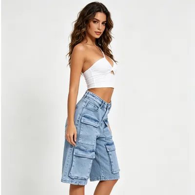 Unisex Wide-Leg Vintage Wash Denim Shorts — view 6